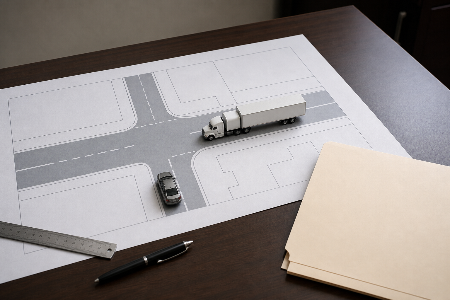 Accident reconstruction desk with truck crash diagram and model vehicles