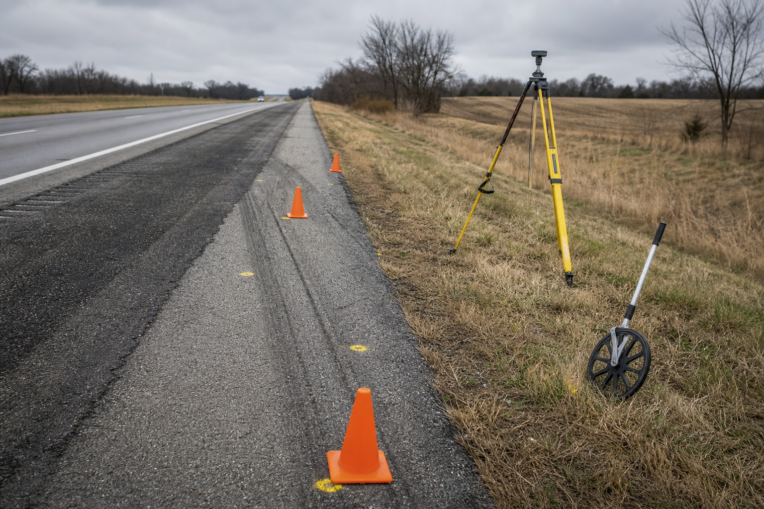 Roadside survey equipment used to document truck accident scene evidence