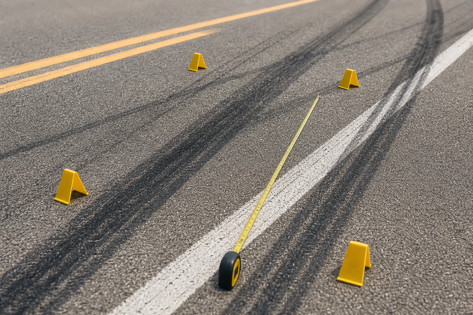 Tire marks and measuring tape used in semi-truck accident reconstruction