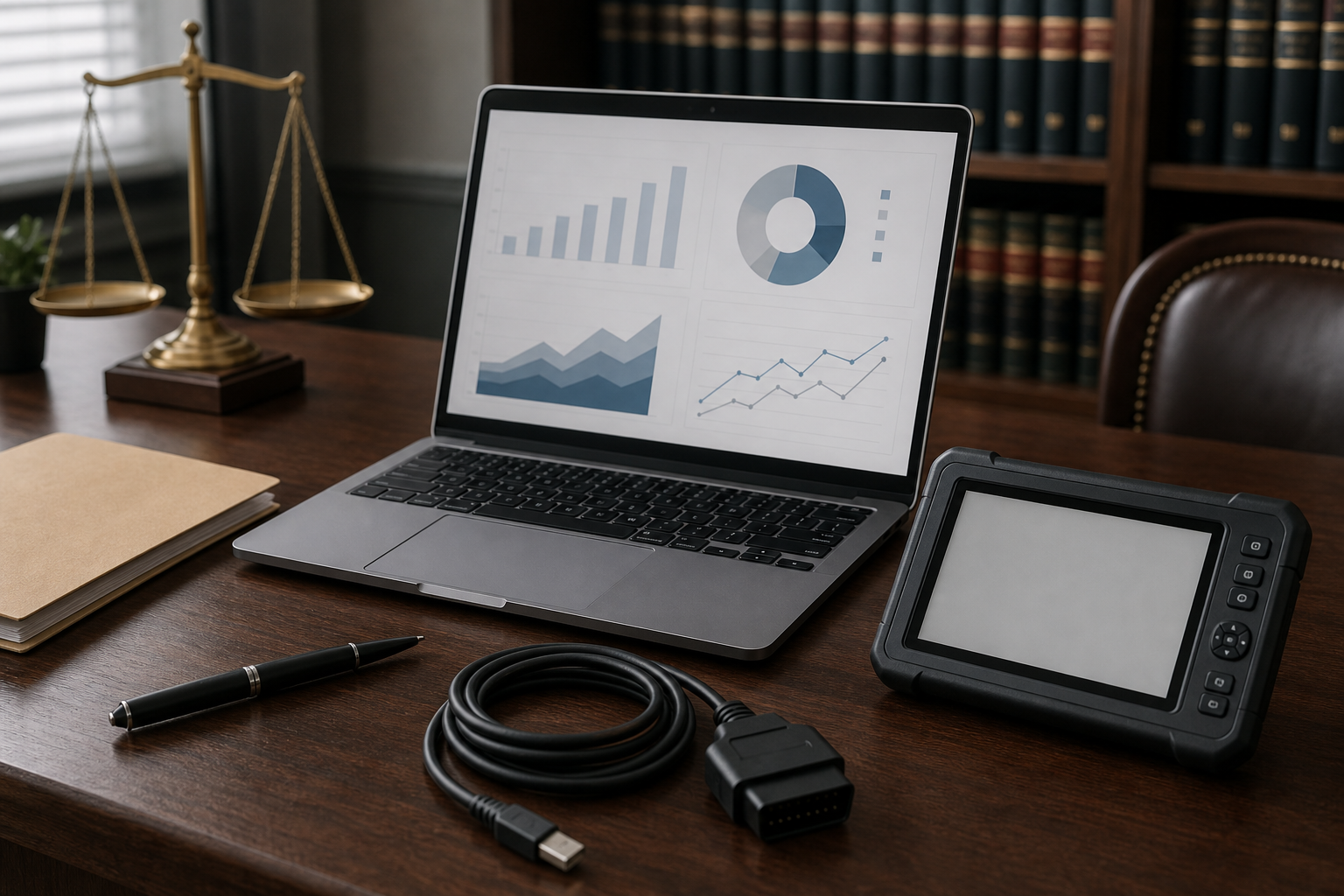 Truck accident electronic data and analysis materials on a law office desk