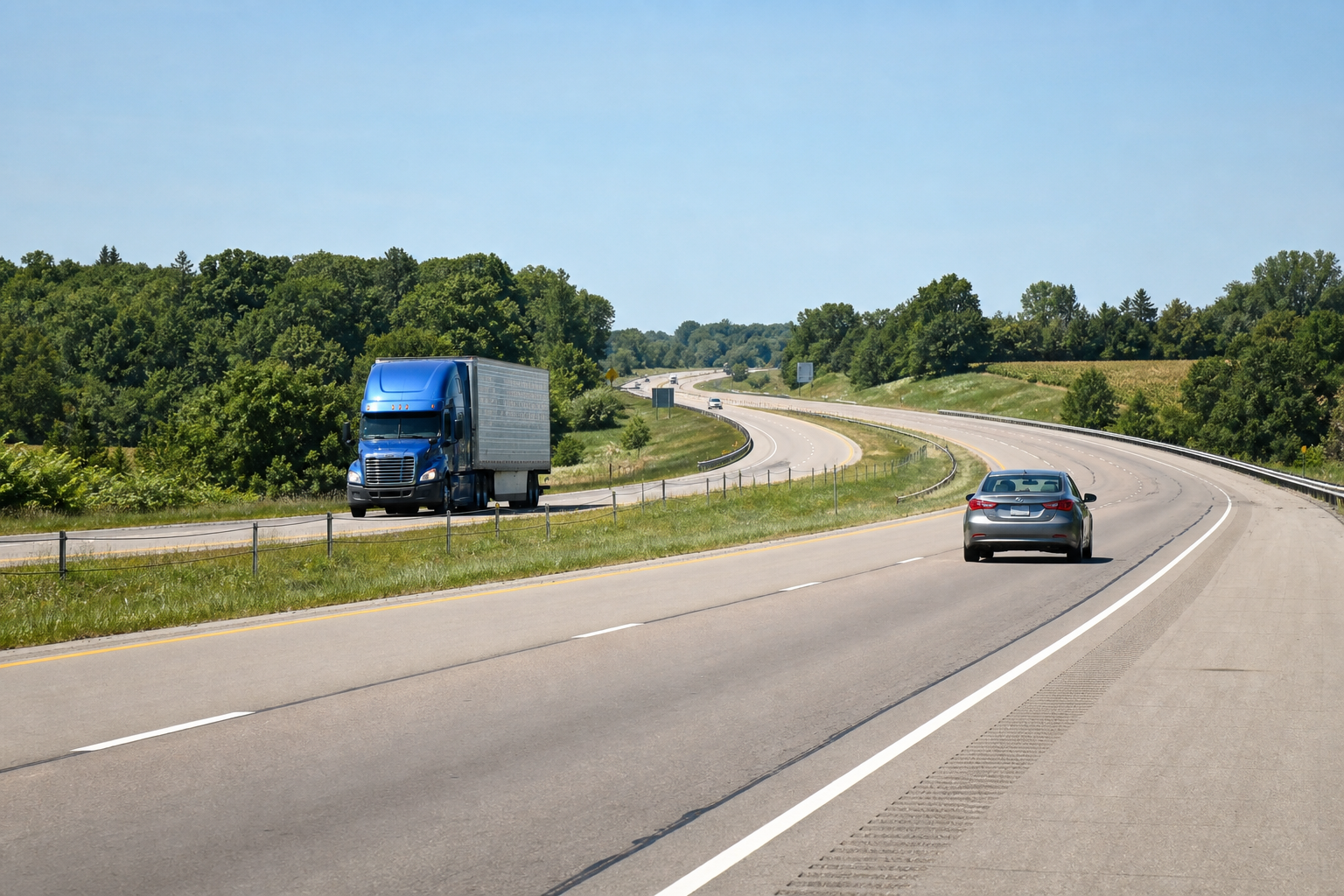 Semi-truck and passenger car traveling on an Indiana highway with safe spacing