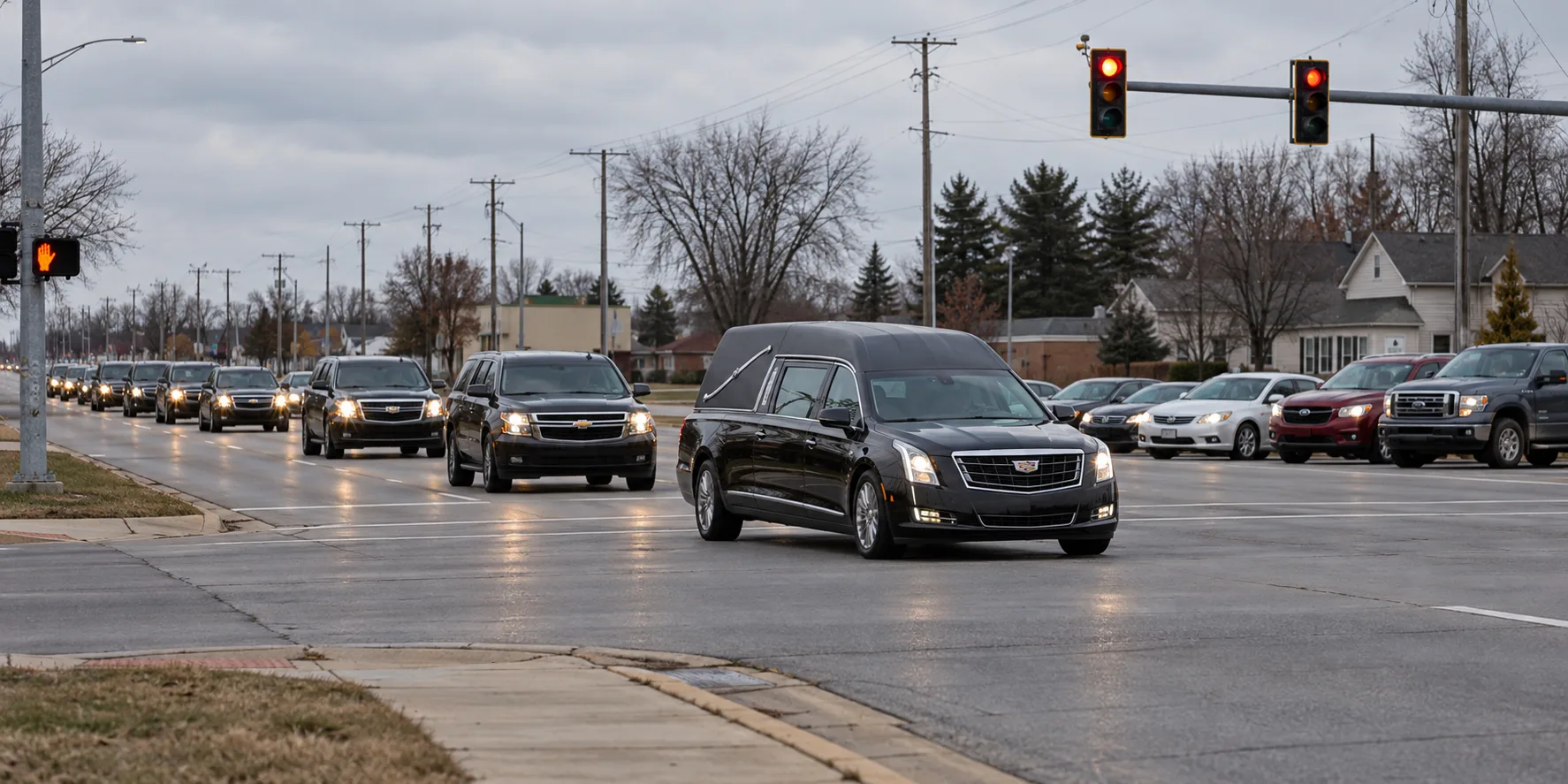 Illustration: Funeral procession passing through a signalized Indiana intersection