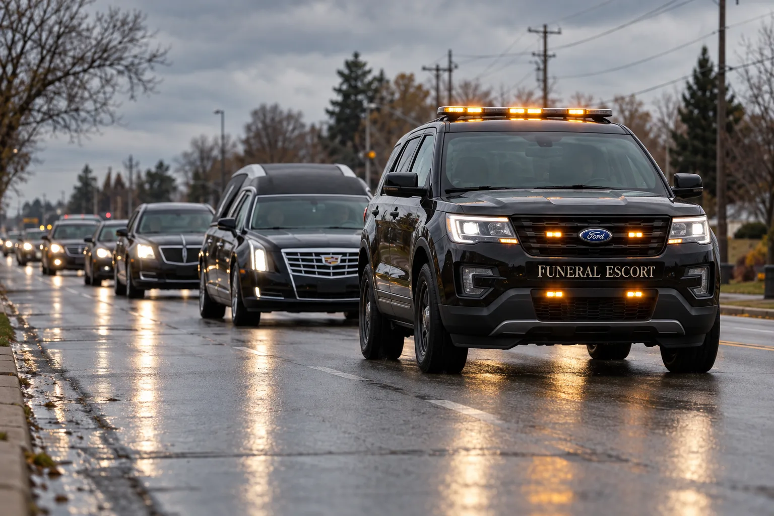 Illustration: Marked funeral escort vehicle leading a procession in northeast Indiana