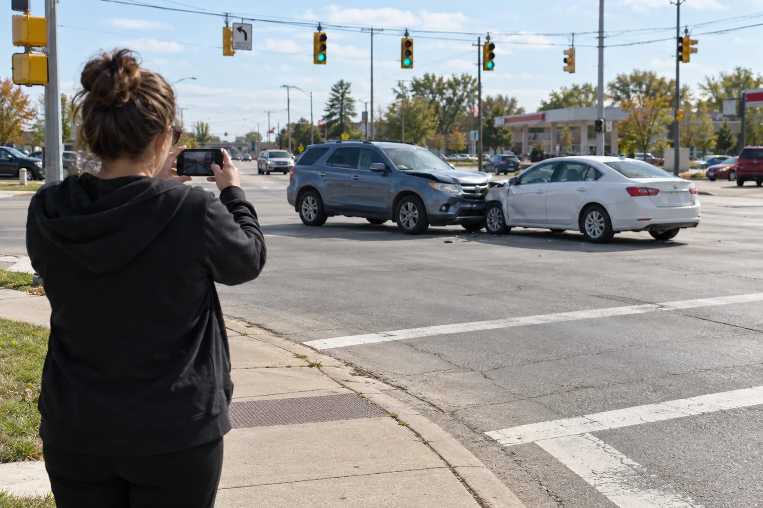 Illustration: Person documenting an Indiana intersection after a vehicle collision