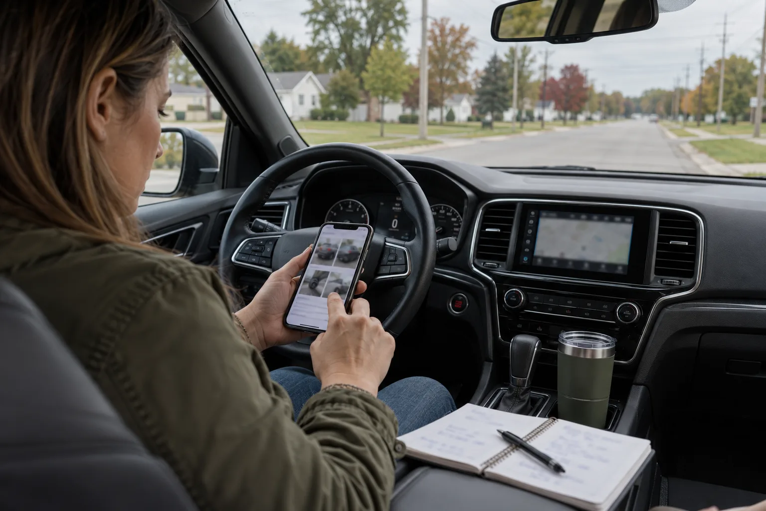 Illustration: Indiana driver organizing crash and insurance information in a parked vehicle