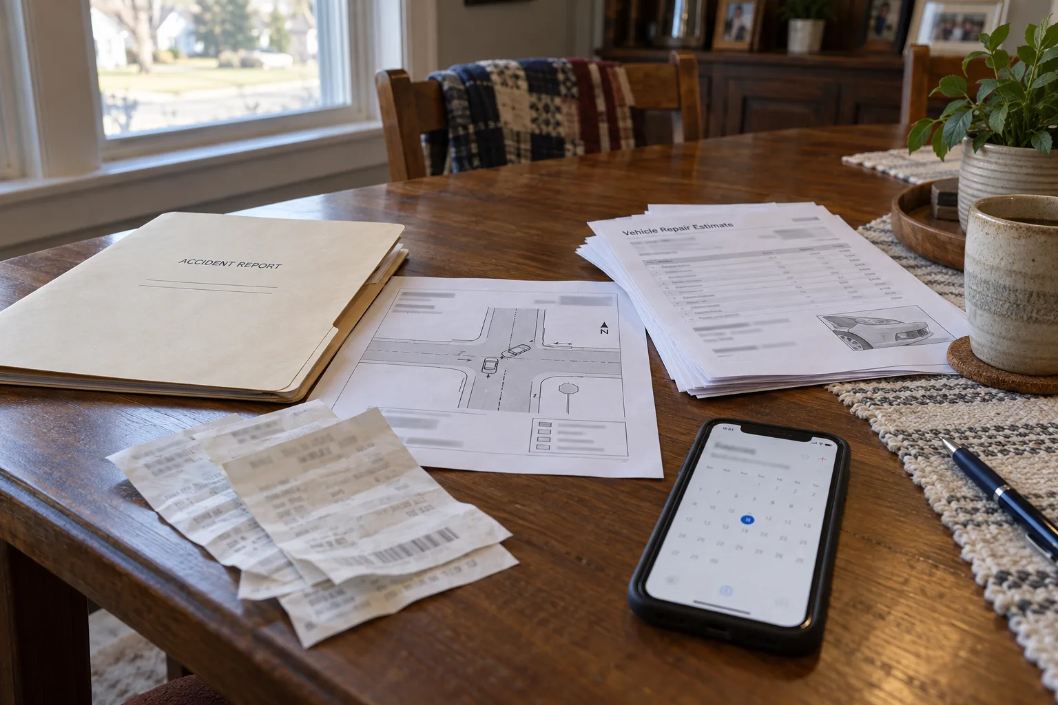 Illustration: Crash records, repair documents, and calendar organized on a table