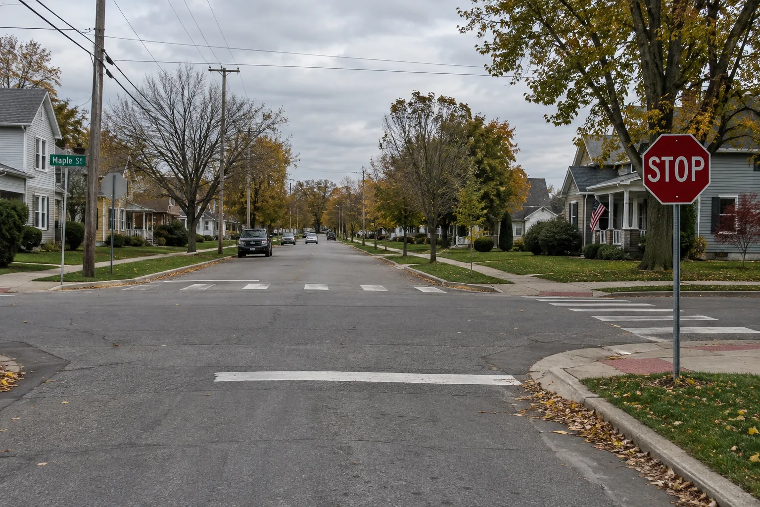 Illustration: Stop sign, stop line, and crosswalk at a northeast Indiana intersection
