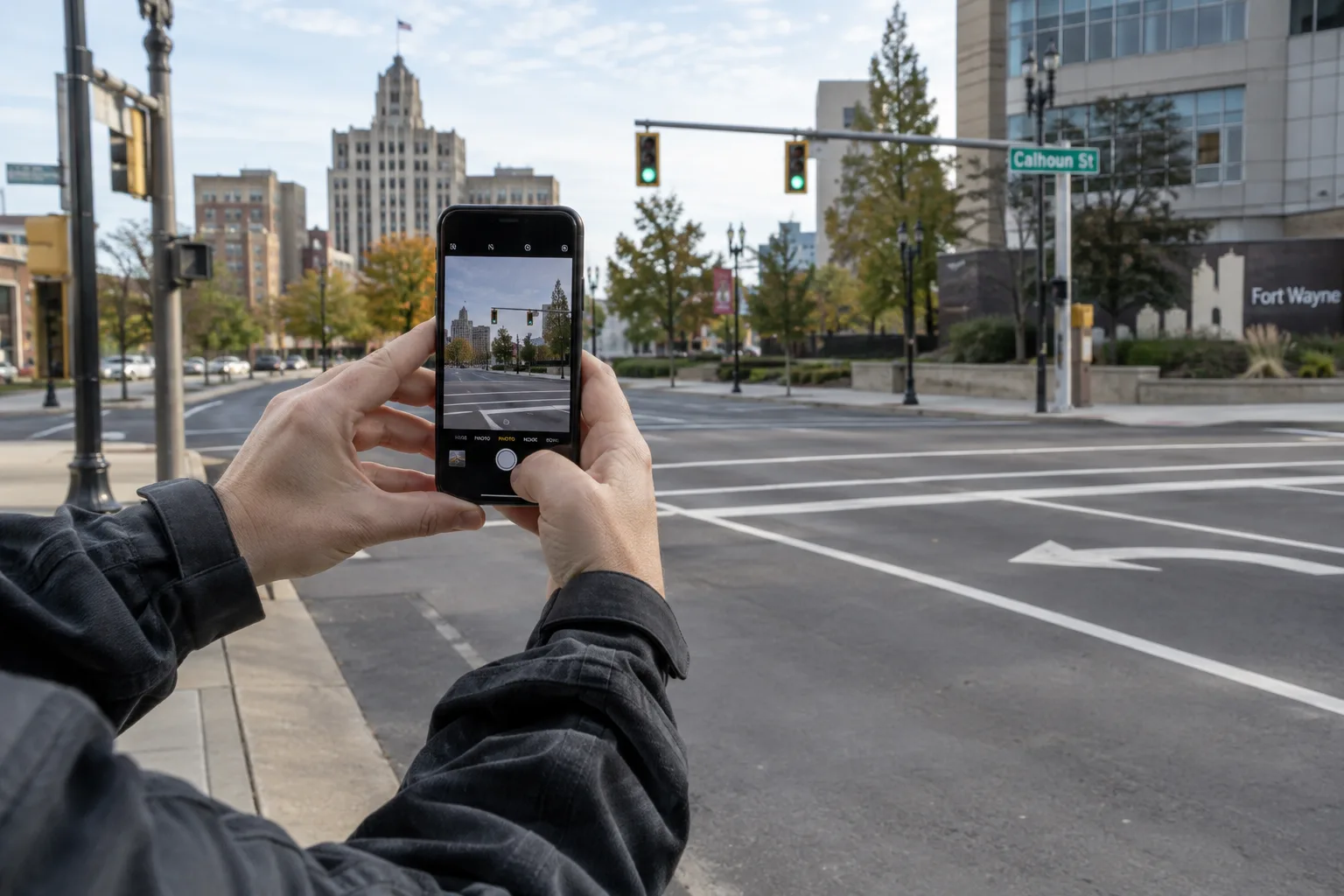Illustration: Person photographing an intersection’s traffic signals and lane markings