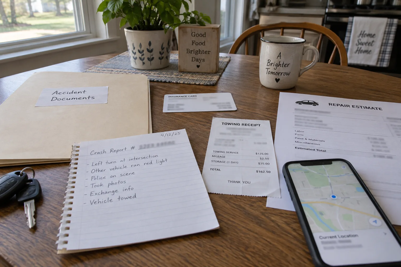 Illustration: Organized crash records and insurance documents on a table