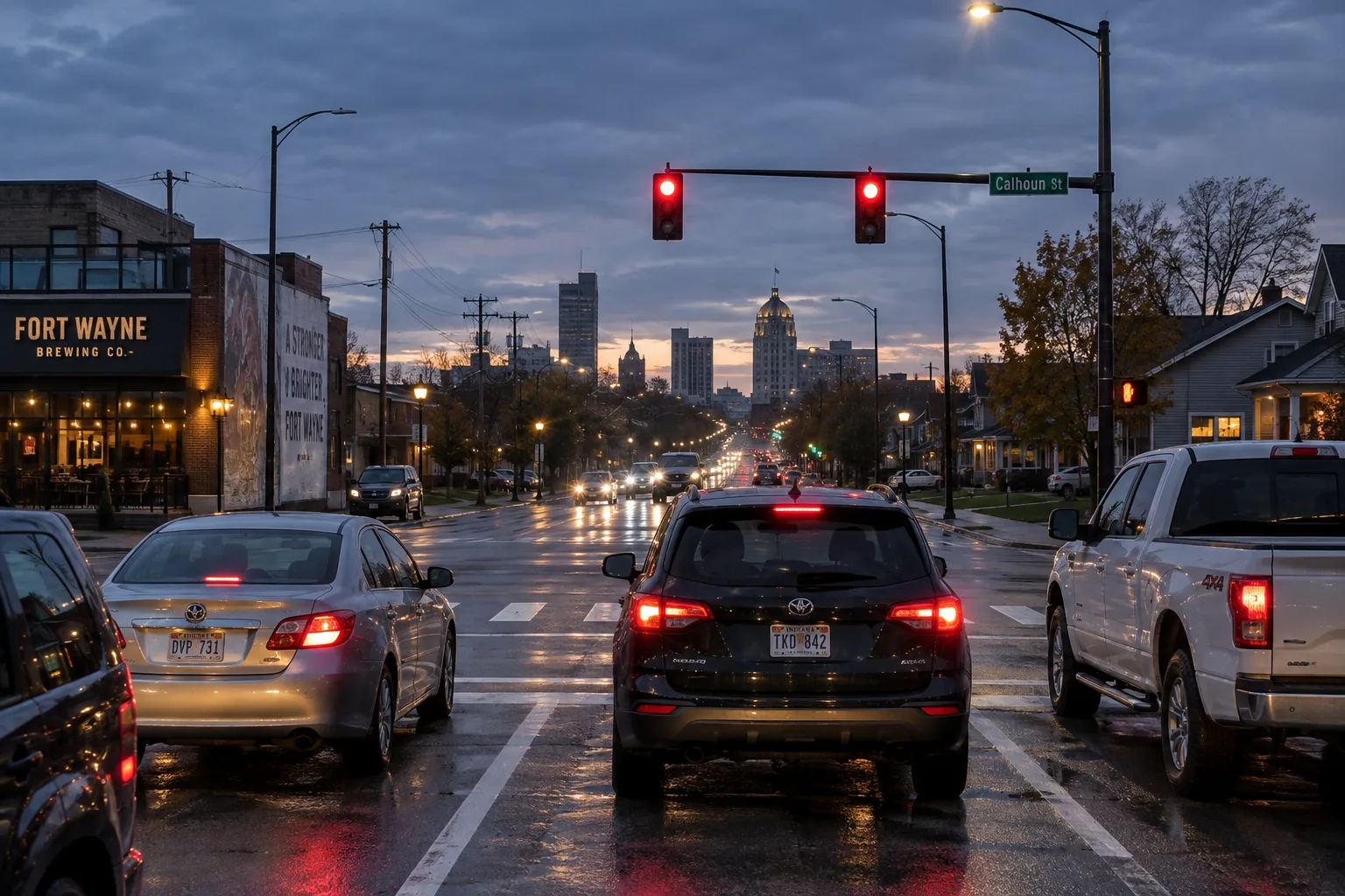 Illustration: Vehicles waiting behind the stop line at a red light in Fort Wayne