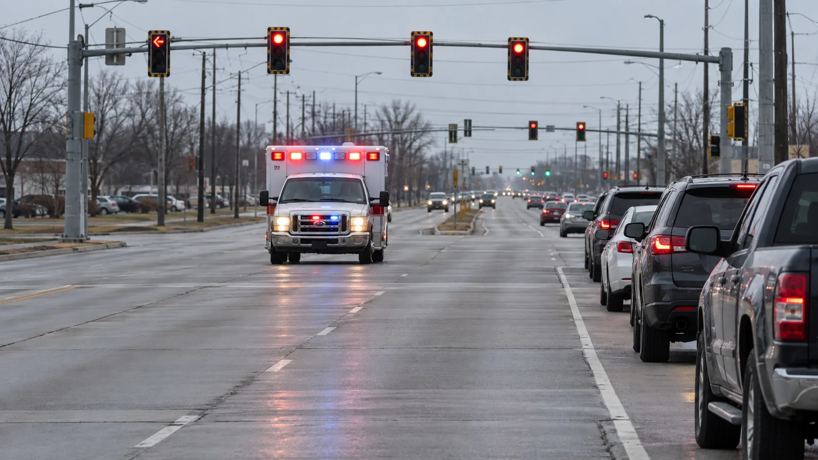 Drivers yielding to an ambulance at an Indiana intersection