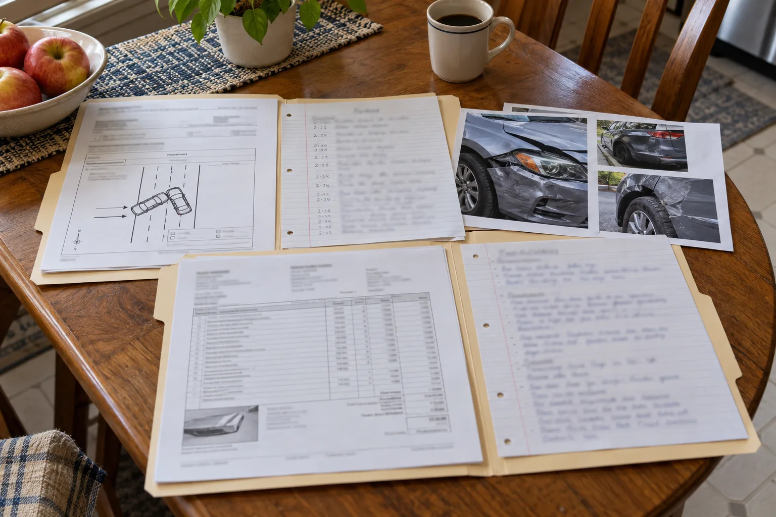 Crash records, photographs, and witness notes organized on a table