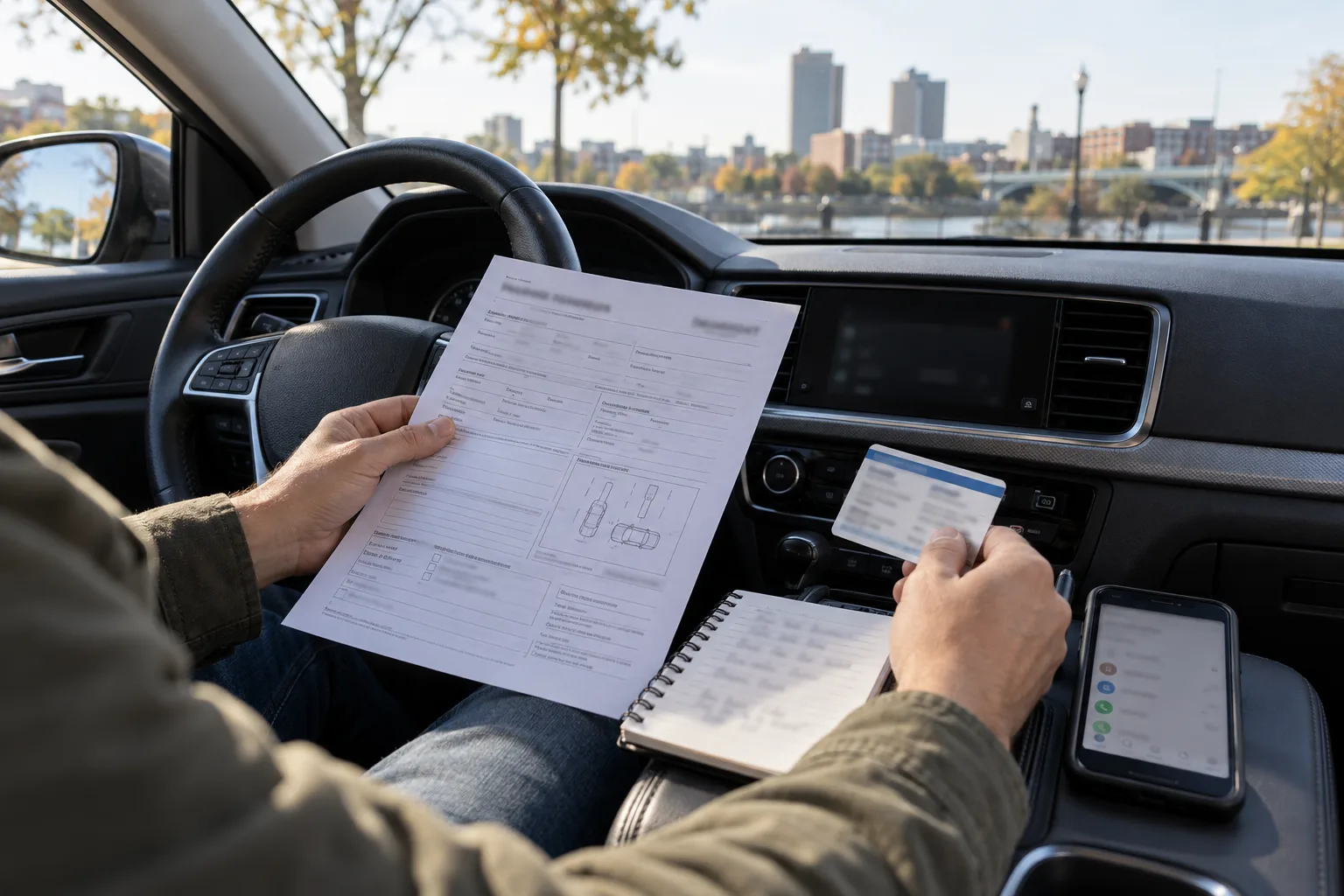 Driver organizing crash and insurance records inside a parked car