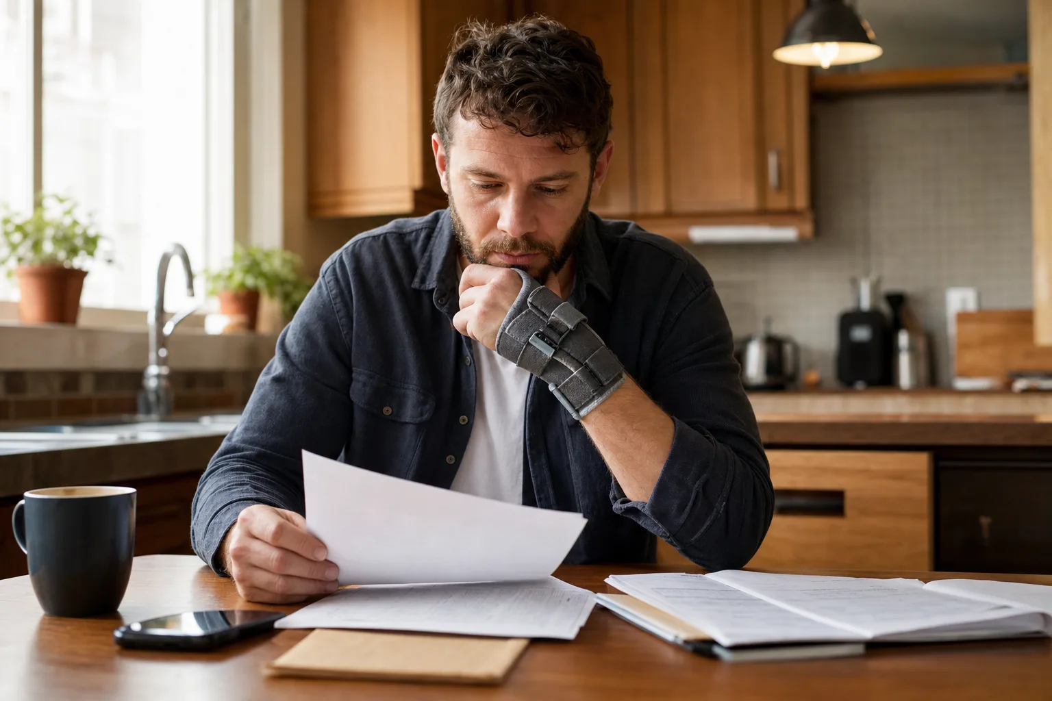 Injured worker reviewing workers' compensation paperwork at home