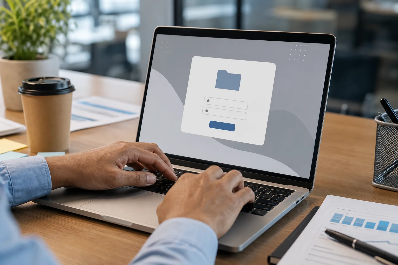 Person filing a workers' compensation application electronically on a laptop