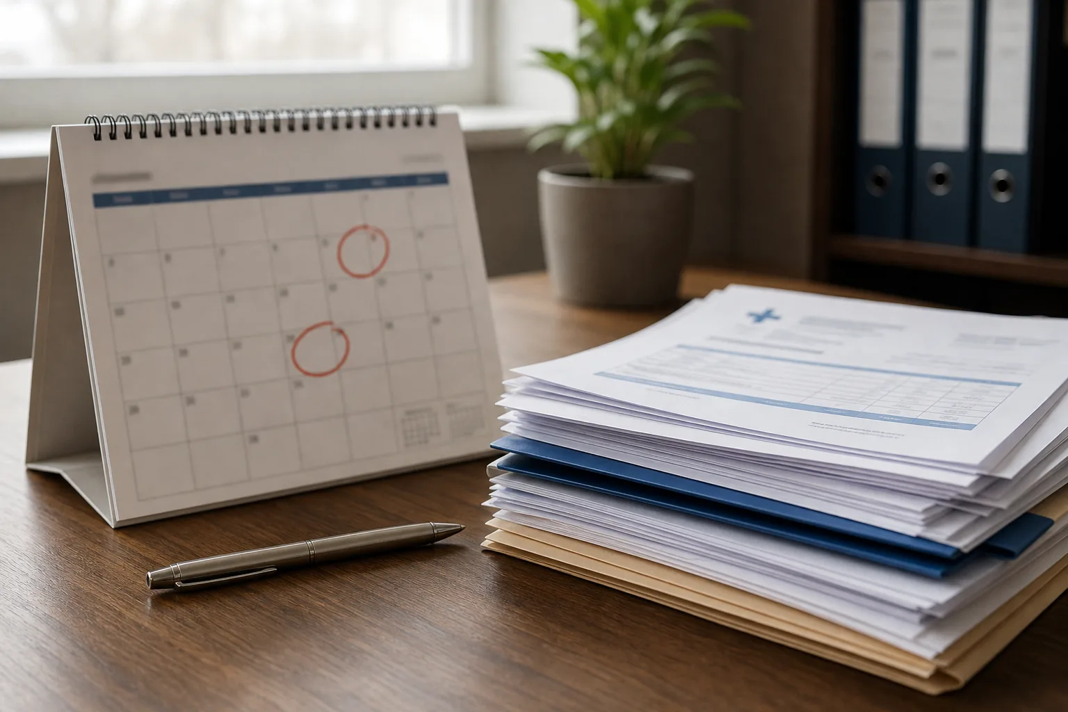 Calendar with circled dates and documents illustrating workers' compensation filing deadlines