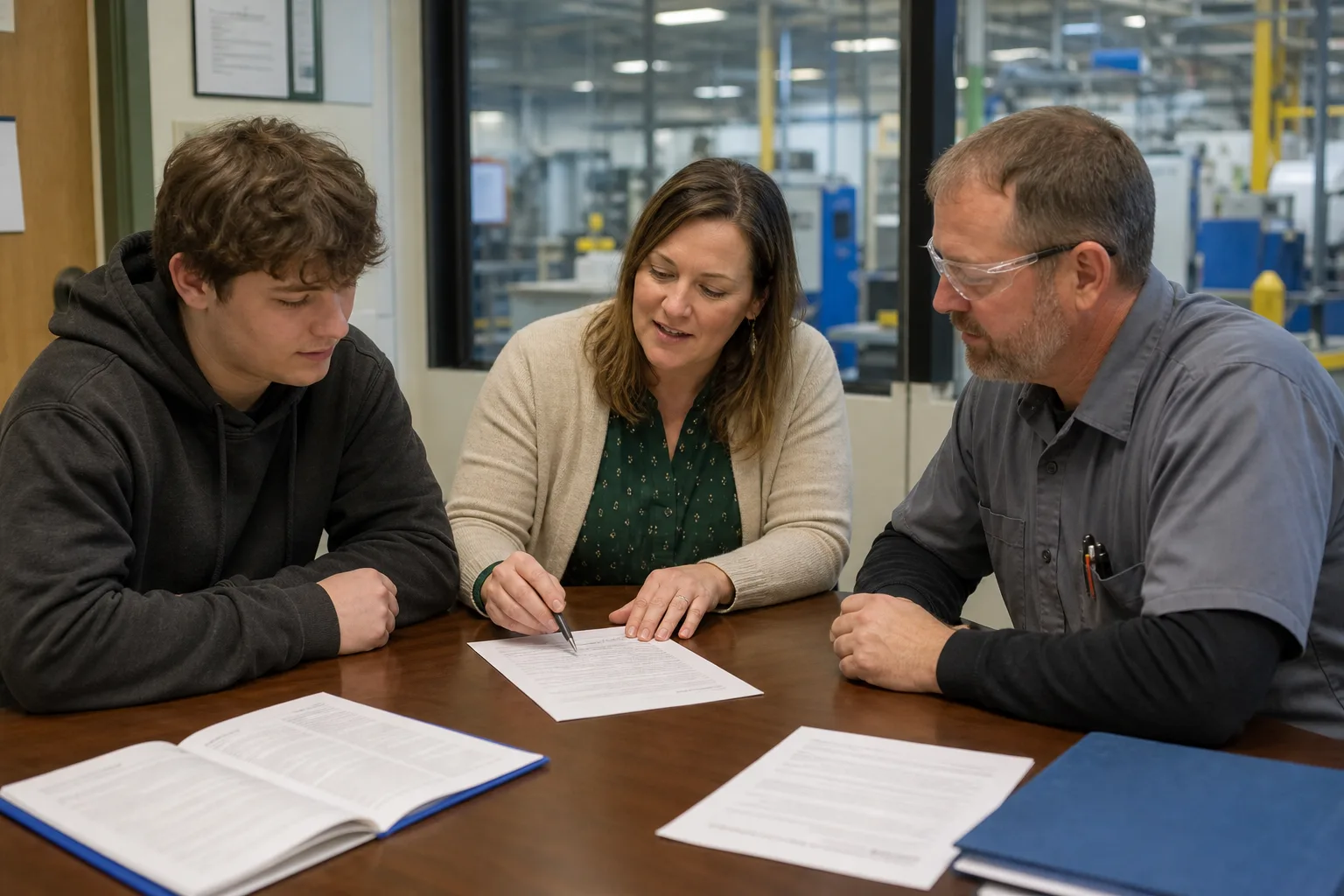 Student, school coordinator, and employer reviewing a work-based learning agreement