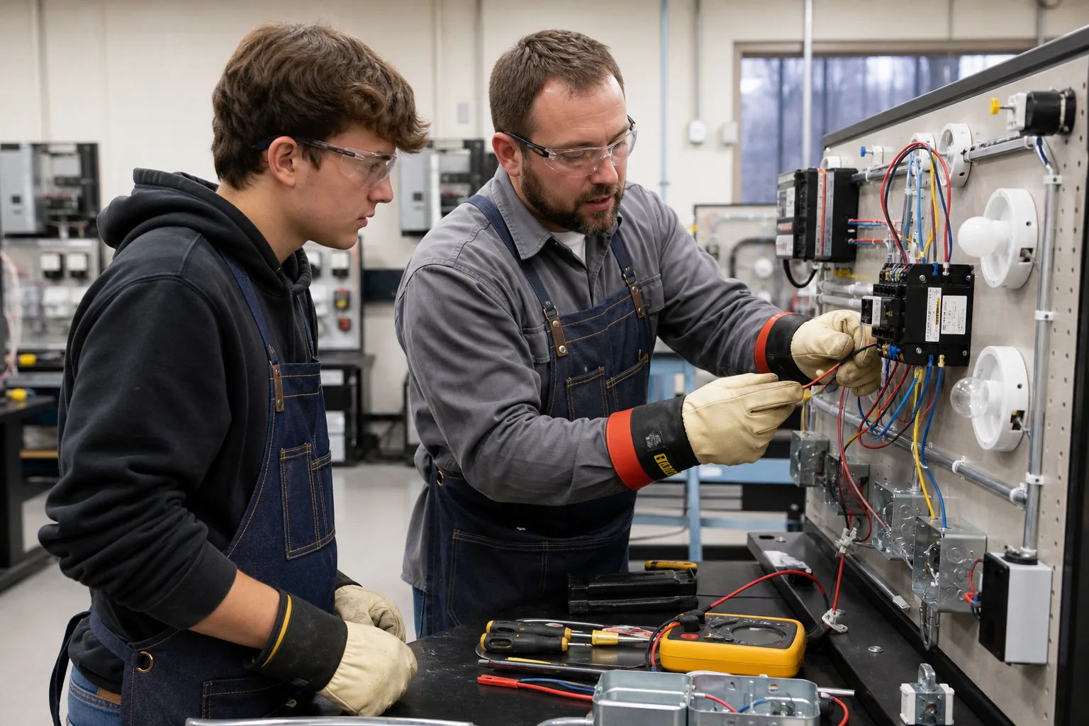 Indiana student apprentice receiving supervised technical training at a workbench