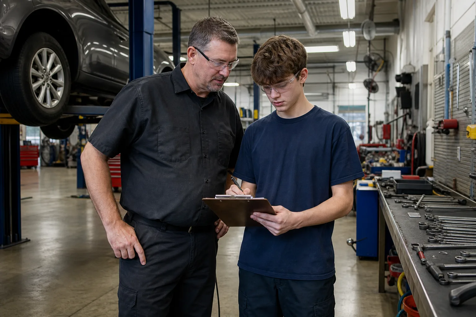 Student recording training hours beside a workplace supervisor