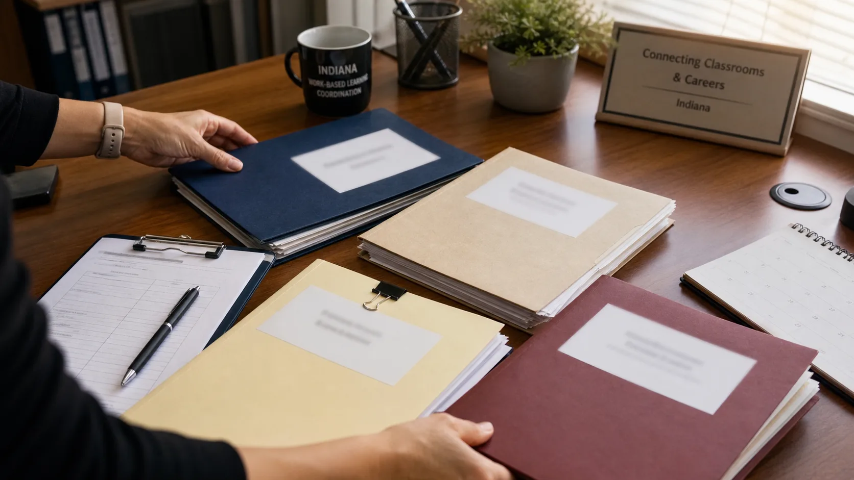 Work-based learning documents organized on a desk