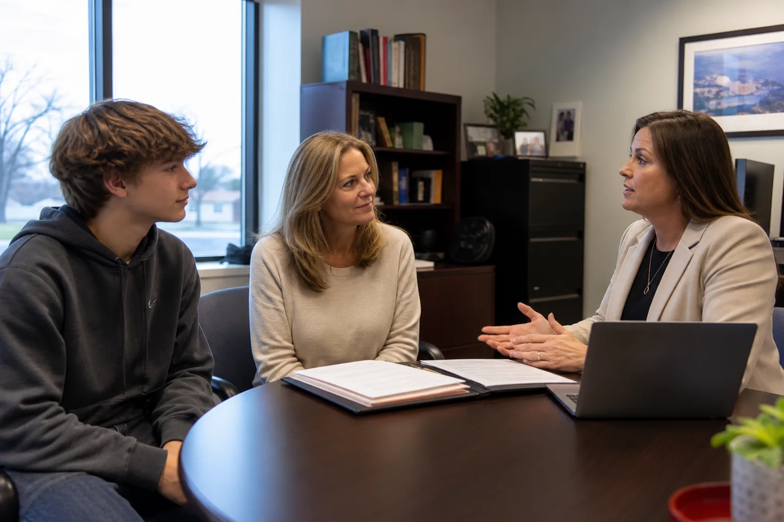 Student and parent speaking with a school work-based learning coordinator