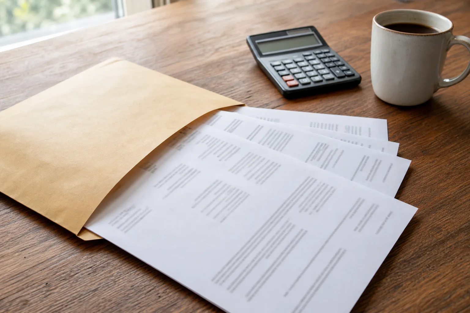 Workers' compensation benefit statements and a calculator on a desk