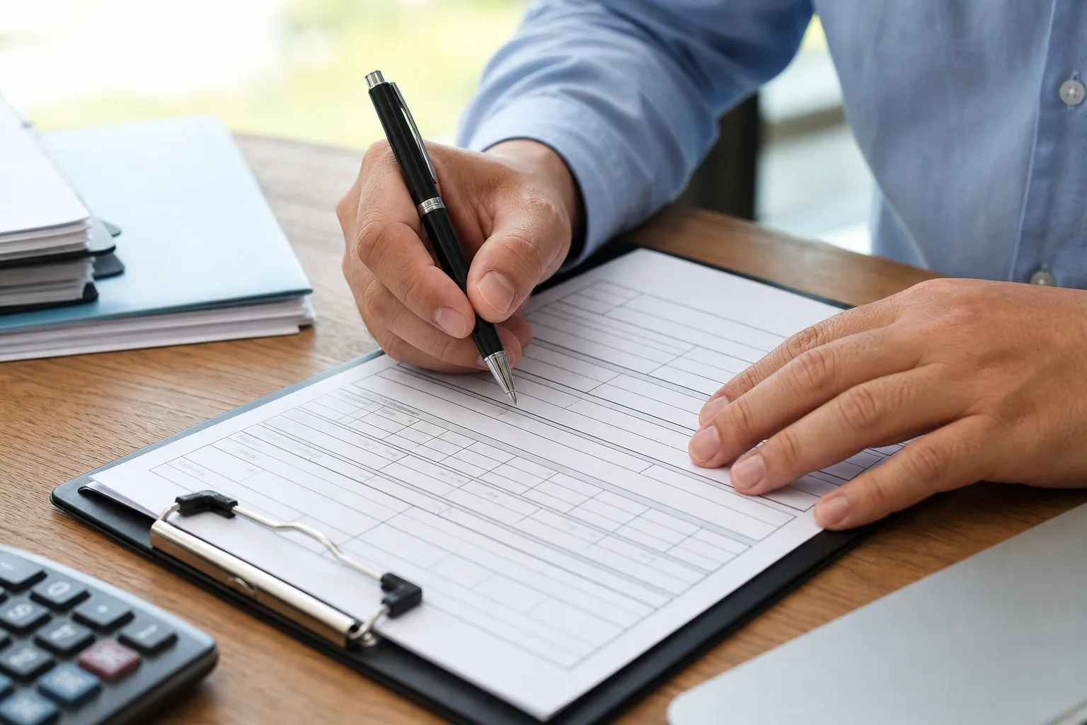 Hands completing a payroll and tax document on a clipboard