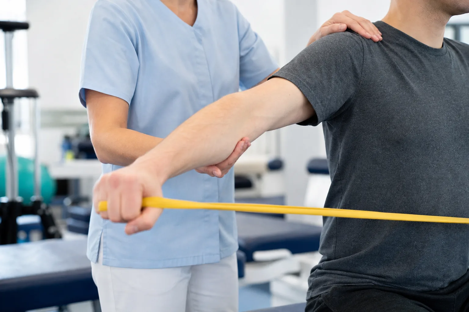 Injured worker doing shoulder rehabilitation exercises in a clinic