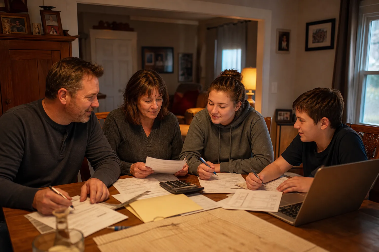 Family reviewing household finances and paperwork at a dining table
