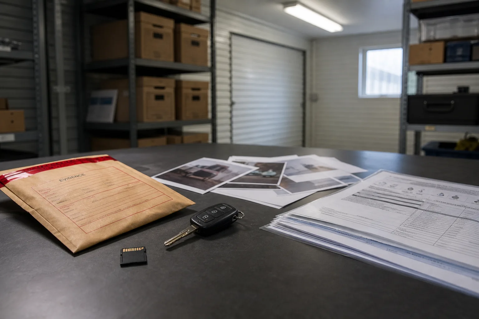 Vehicle keys, photographs, and records organized for review
