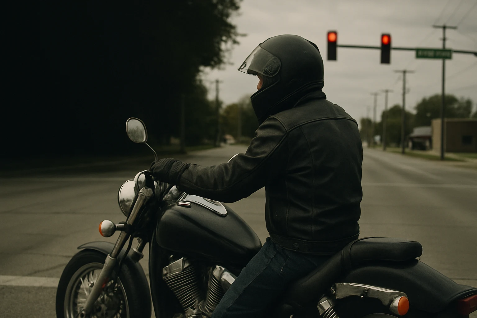 A motorcycle rider in worn riding gear waiting at a Fort Wayne red light, mirrors angled out for visibility