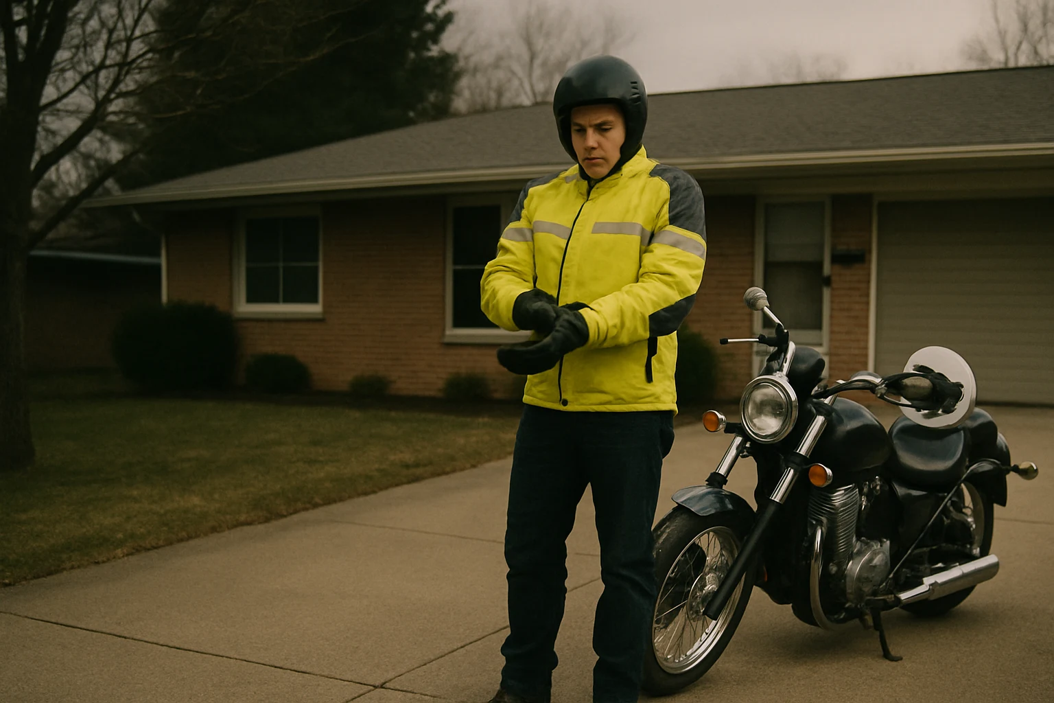 A motorcycle rider in a high-visibility yellow riding jacket pulling on gloves in a Fort Wayne driveway