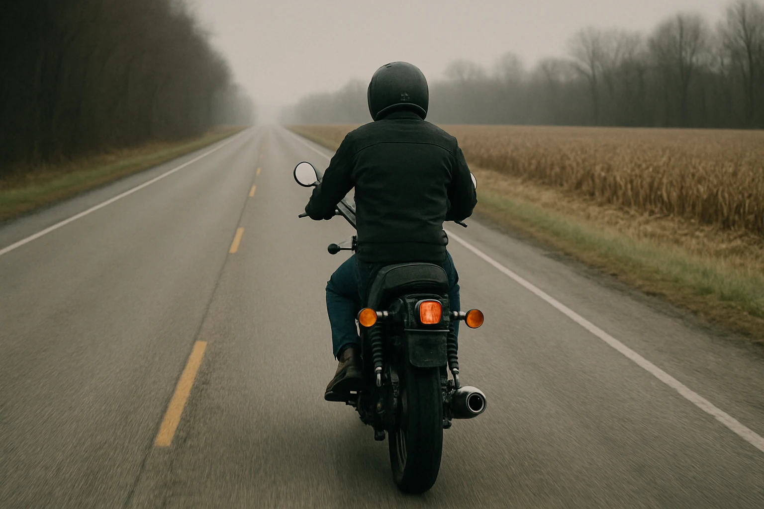Motorcycle in a center-of-lane riding position on a two-lane Indiana state highway