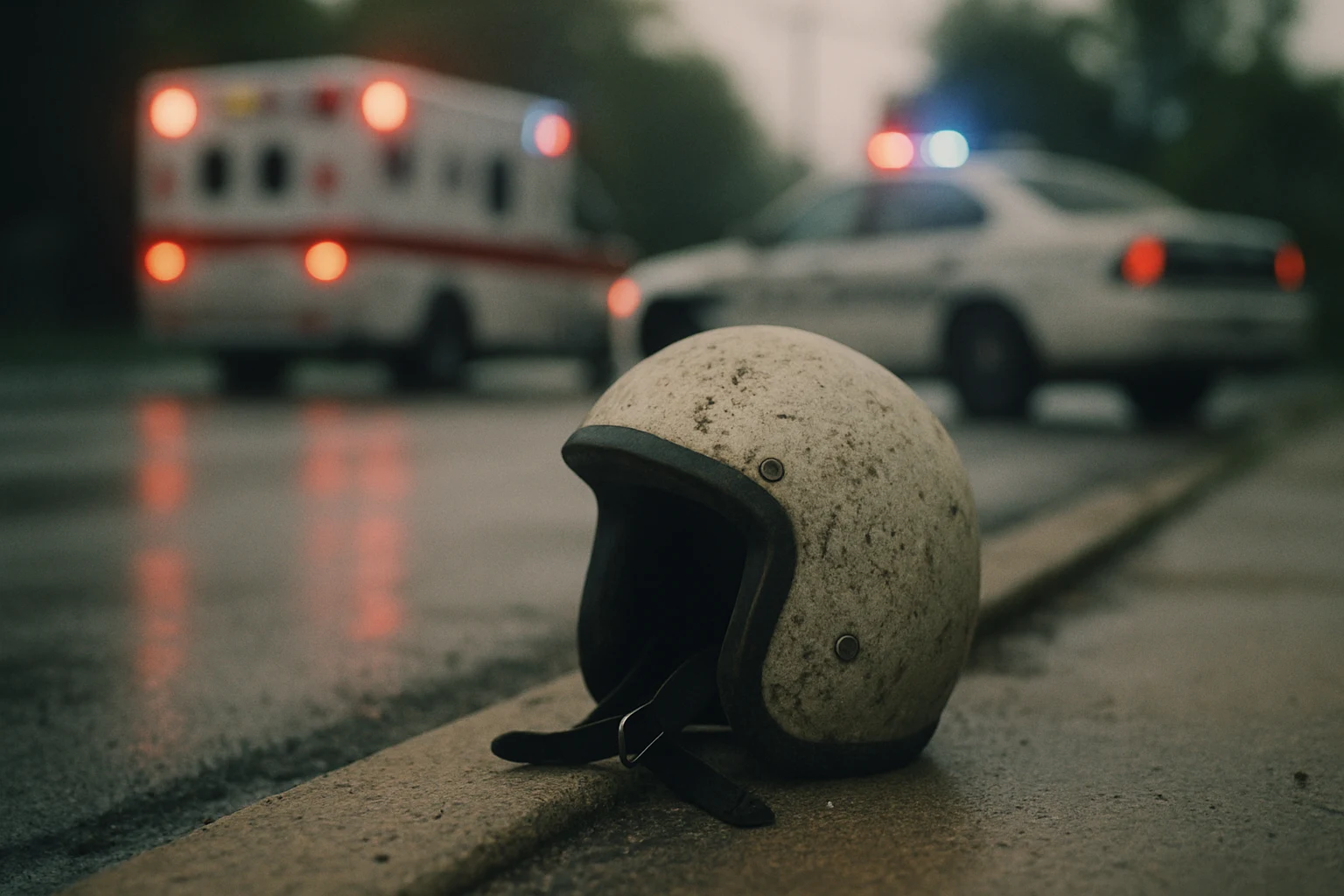 A scuffed motorcycle helmet sitting on a curb at the scene of an Allen County crash with first-responder lights reflecting