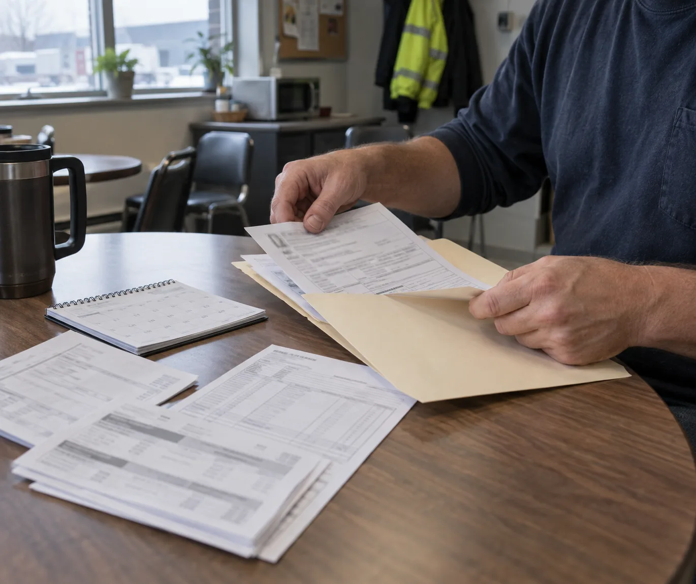Work-injury records being organized in a folder by date