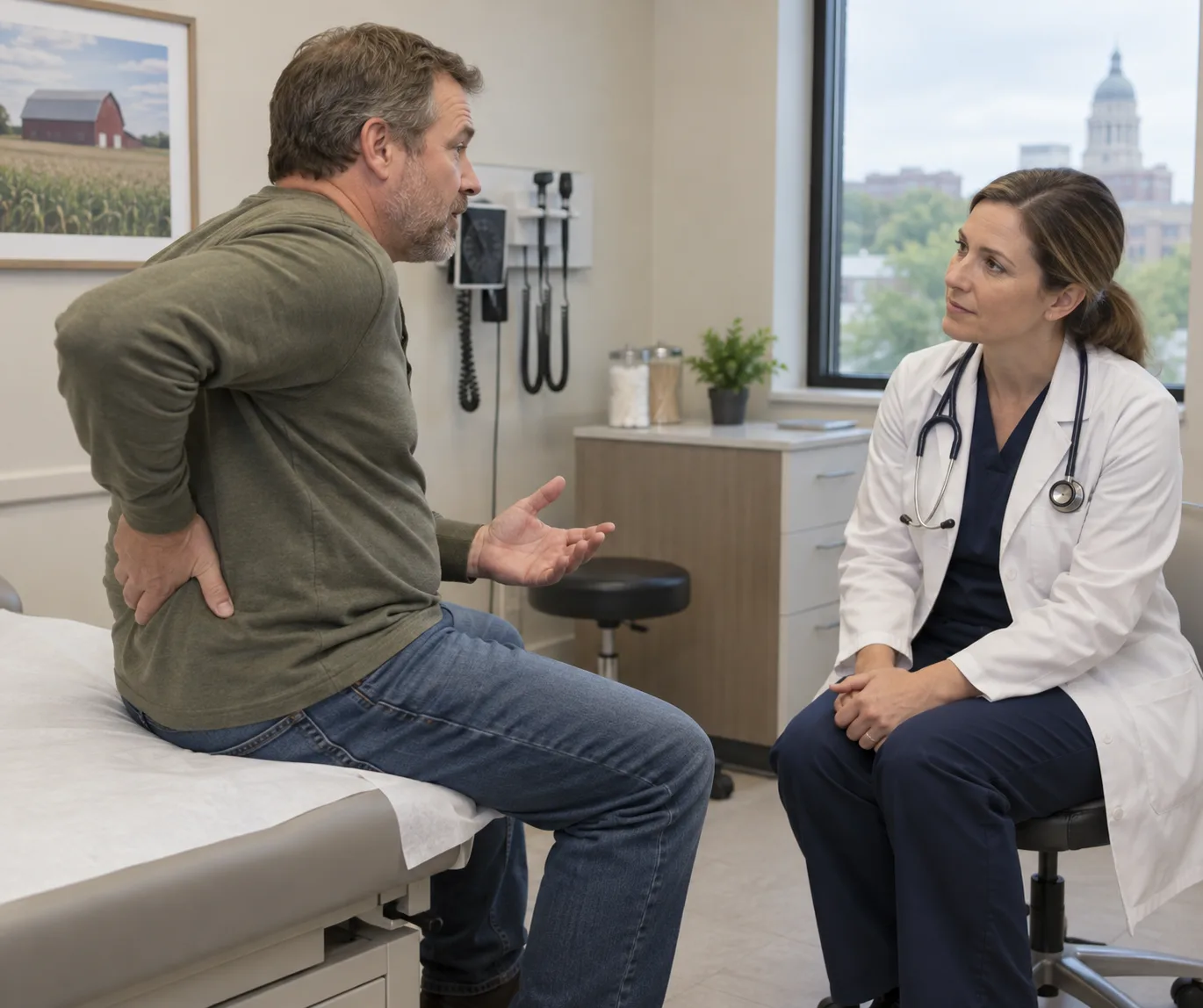 Patient describing lower-back symptoms during an occupational-health appointment