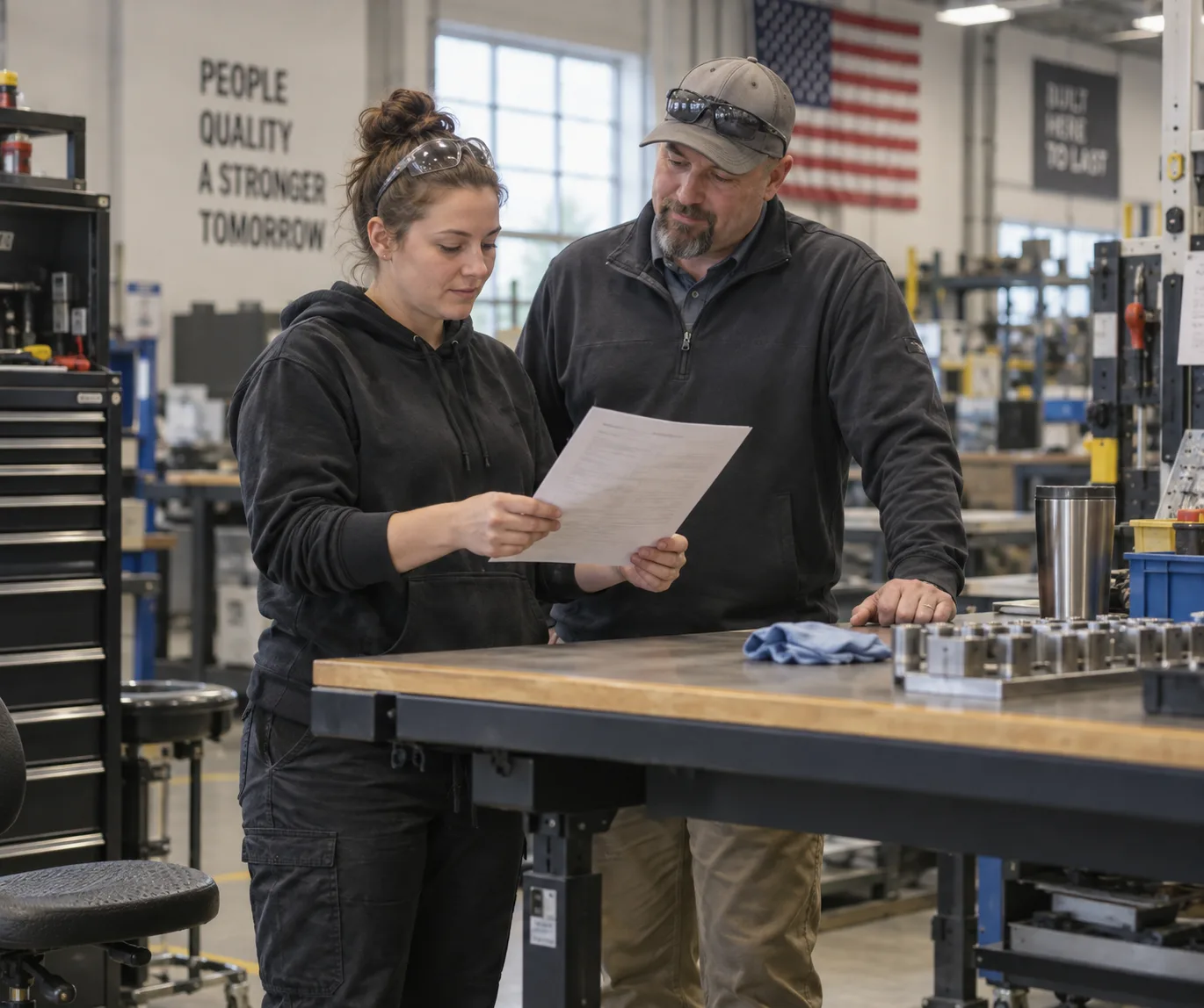 Employee and supervisor reviewing work restrictions at an adjustable workstation
