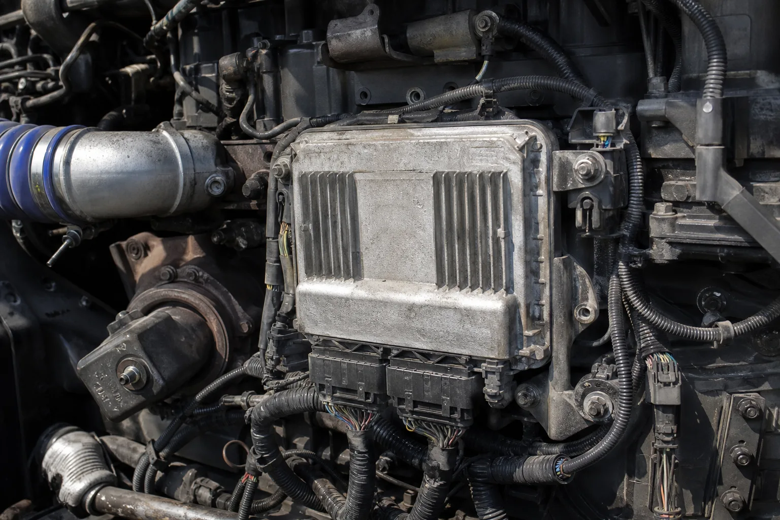 A commercial truck engine control module mounted on a diesel engine