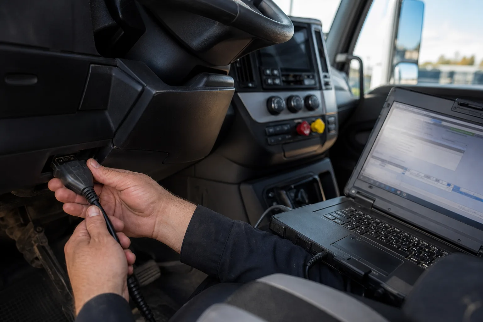 A technician connecting a laptop to a truck's diagnostic port to download data