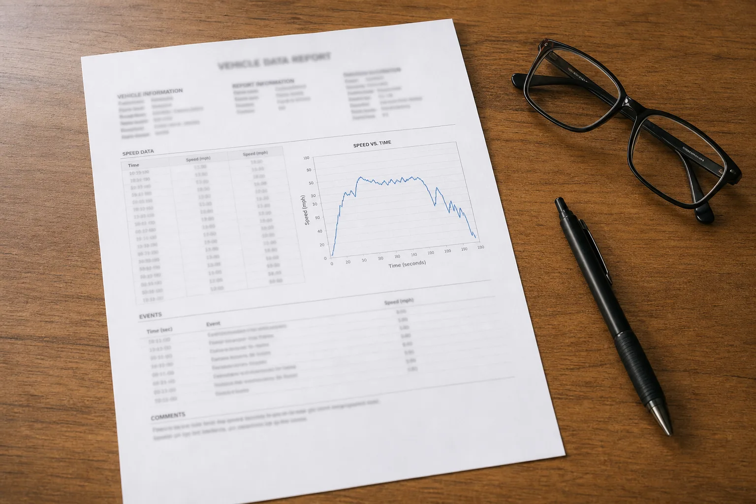 A printed truck data report with a speed graph on a desk
