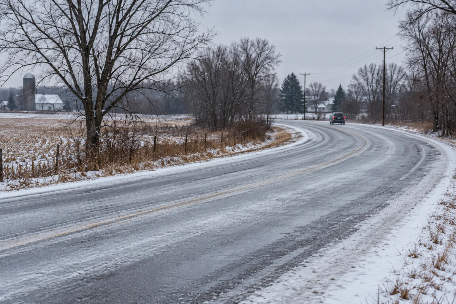 Icy curve on a rural northeast Indiana road