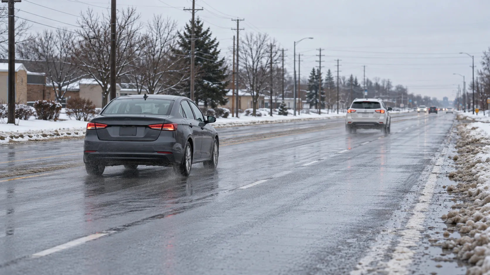 Vehicles leaving extra following distance on a winter road in Fort Wayne