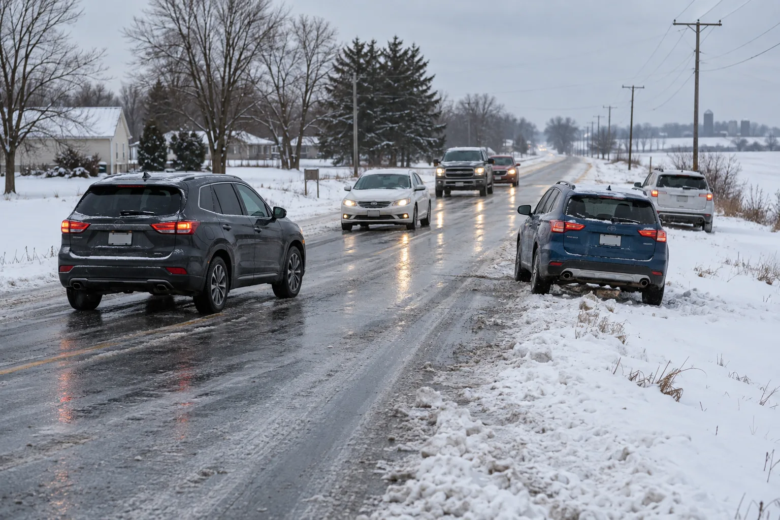 Vehicle positions after a winter traffic disruption on an Indiana road