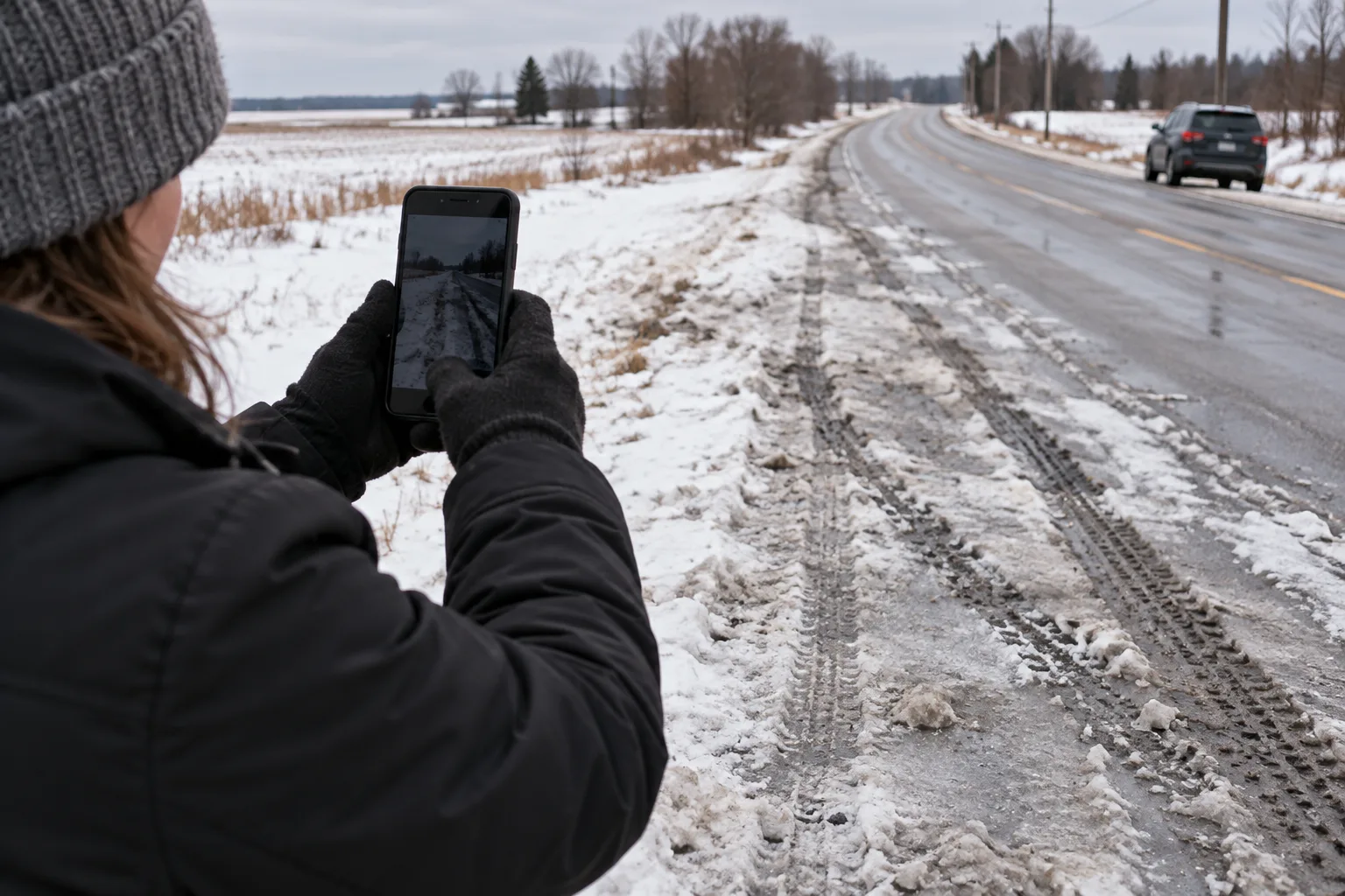 Person safely photographing ice and tire paths beside an Indiana road