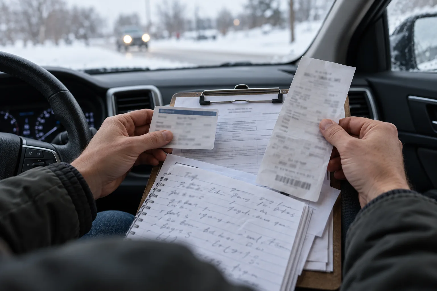 Driver organizing insurance and crash records after a winter collision
