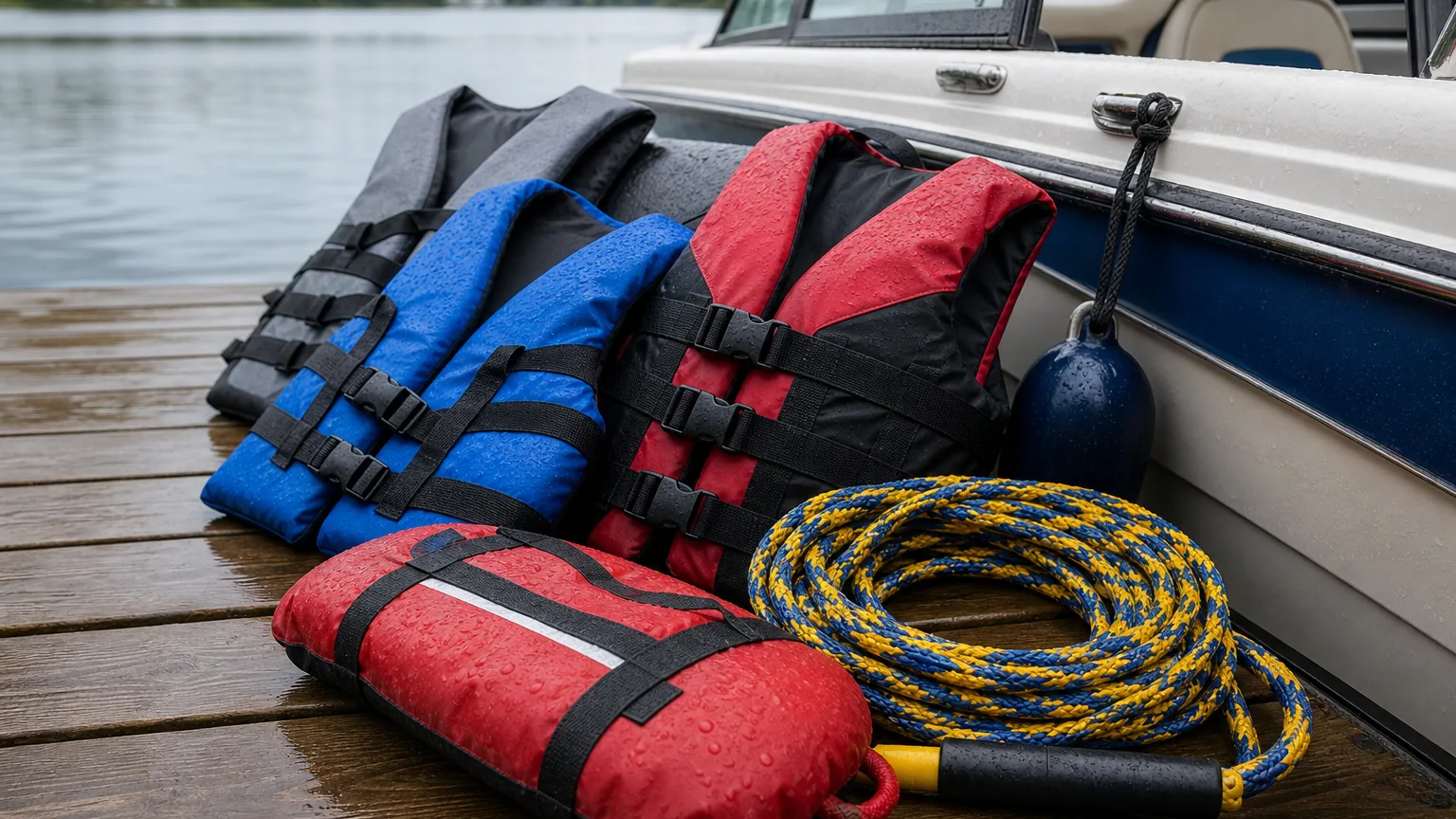 Life jackets and boating safety equipment on a dock after a northeast Indiana lake accident.