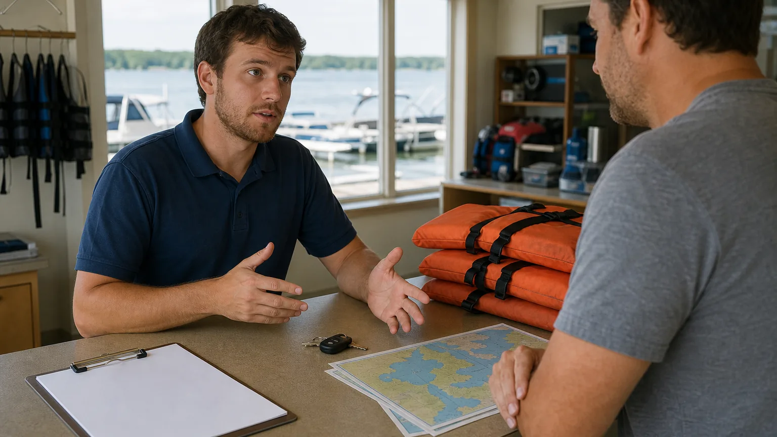 Boat rental safety discussion before a northeast Indiana lake outing.
