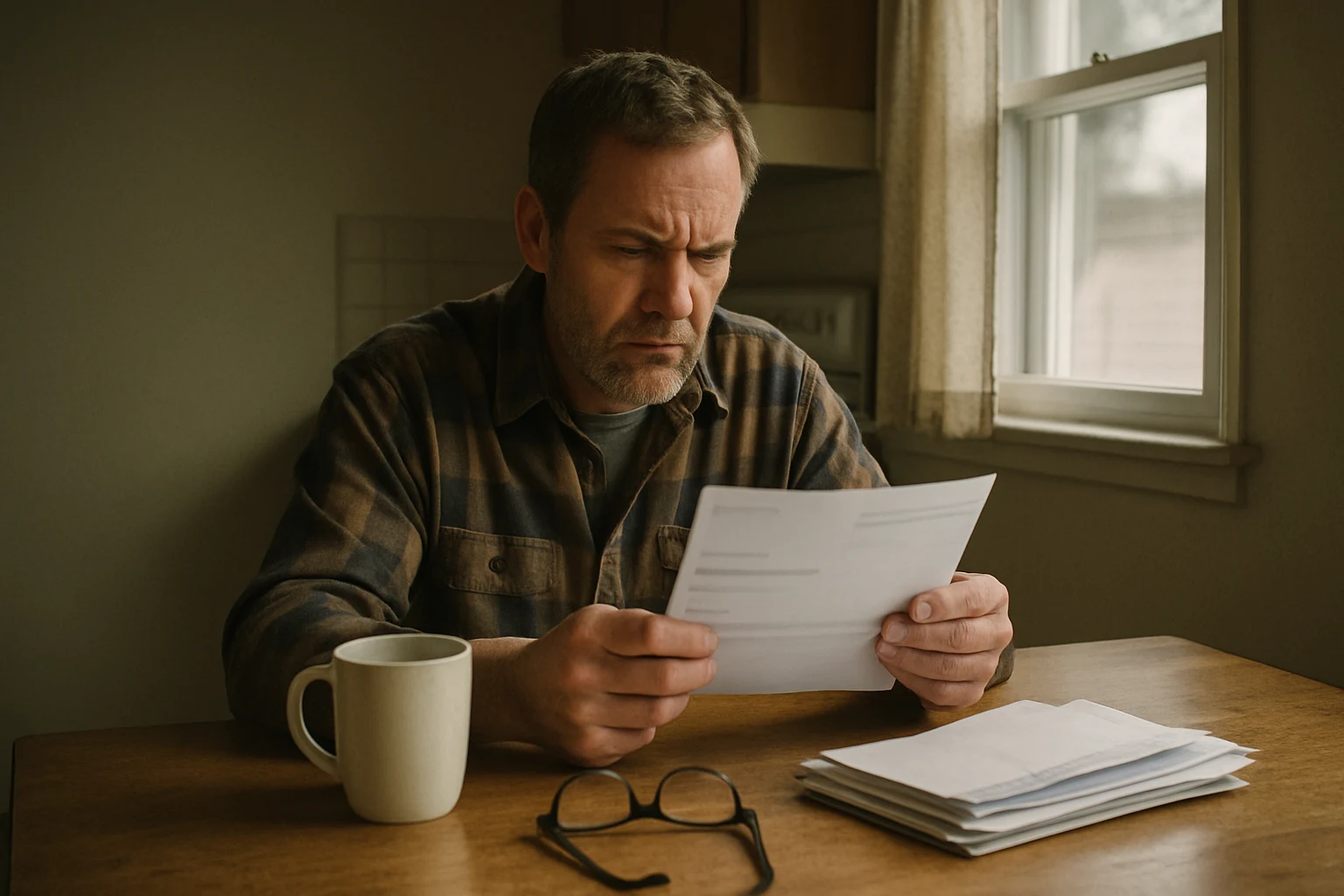 A man sitting at a kitchen table struggling to read a utility bill weeks after a Fort Wayne crash