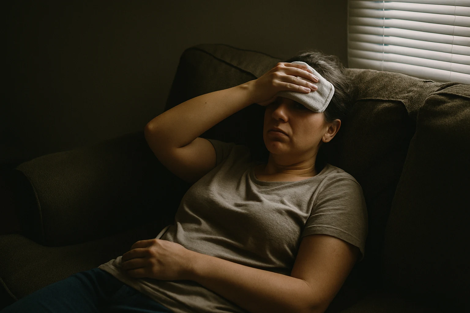 A woman lying on a couch in a dim Fort Wayne living room with her hand over her eyes, sensitive to light after a concussion