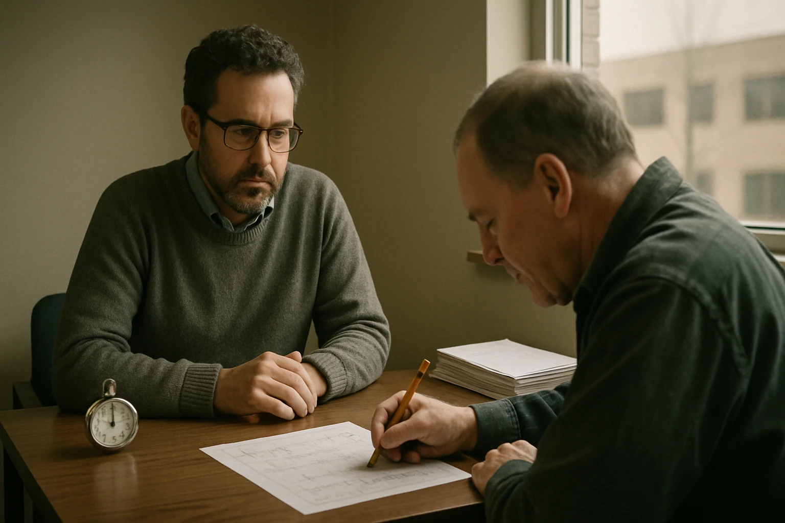 A neuropsychologist administering a cognitive test to a patient at a Fort Wayne medical office